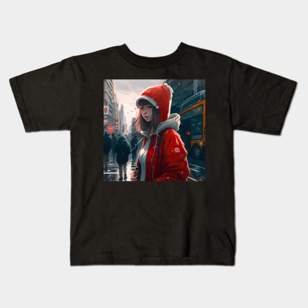 Japanese Girl in Tokyo Red Winter Clothing Kids T-Shirt by unrealartwork